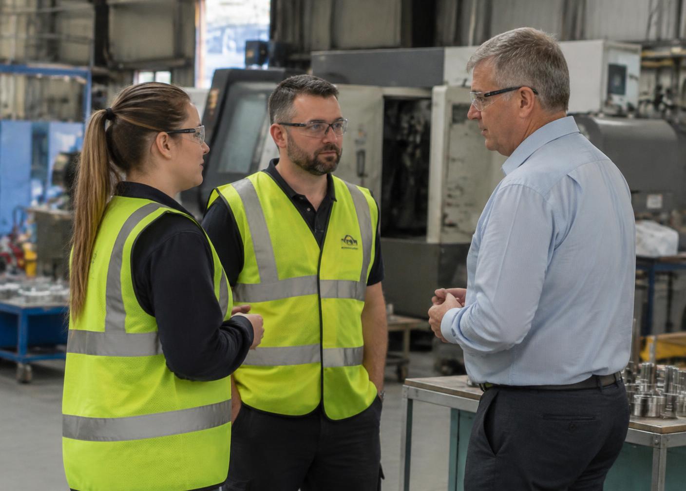 Talking with a team on a manufacturing floor