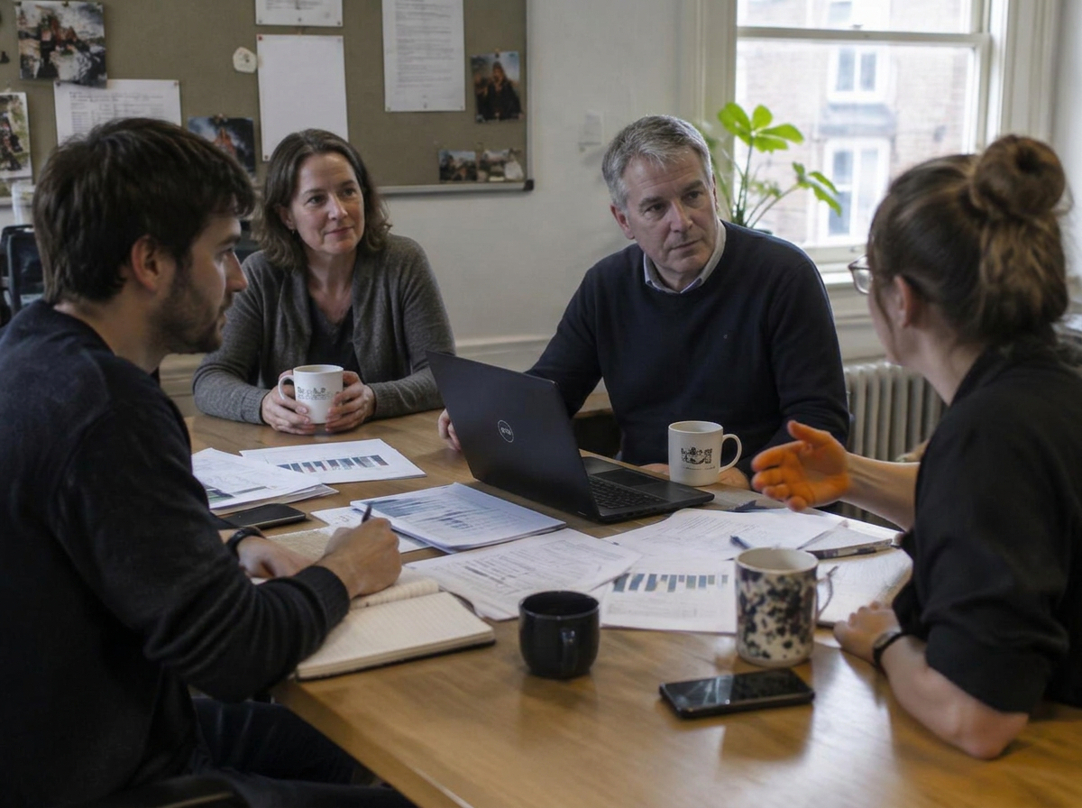 A relaxed meeting reviewing figures around a table